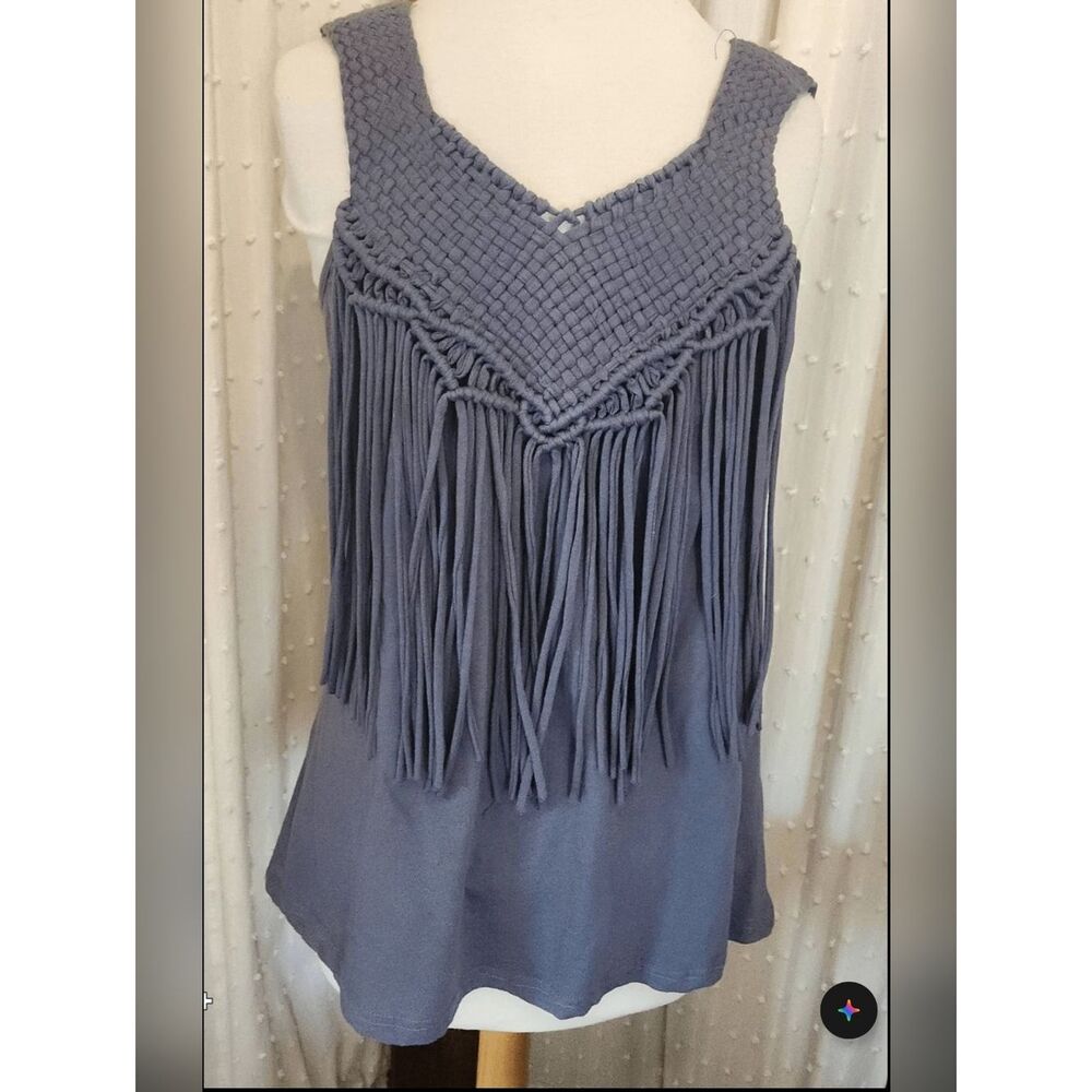 T16 Fringed Woven Yoke Western Tank Top w lace inset back - Slate Blue